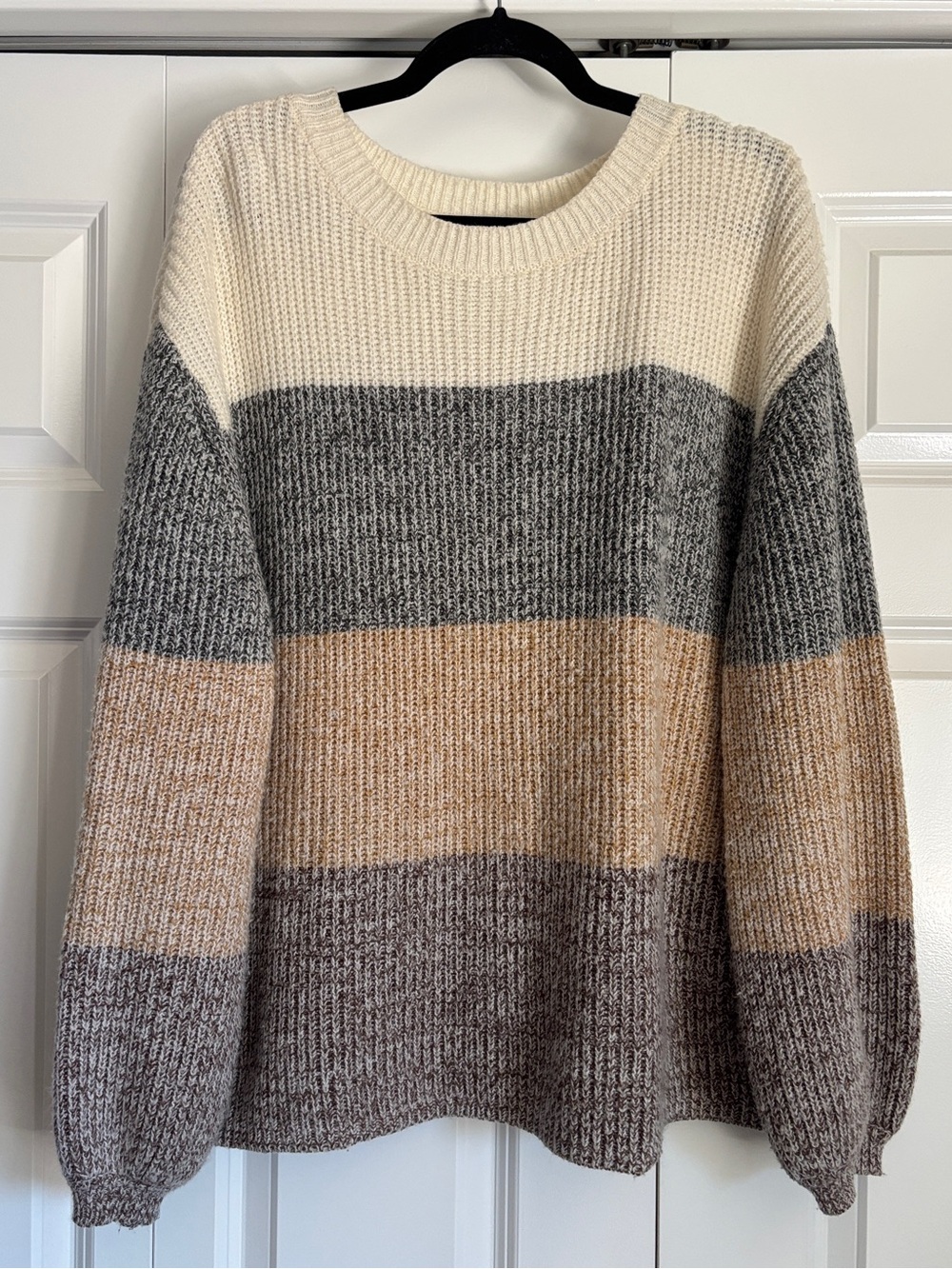 Pink Lily Colorblock Crewneck Sweater in Cream, Gray & Tan